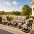 Sunshine Valley 5 piece beige metal patio conversation set with 3-seat couch, 2 chairs and 2 ottomans