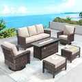 Sunshine Valley 7 seat beige patio conversation set with high back chairs, 57 inch fire pit table and glass coffee table