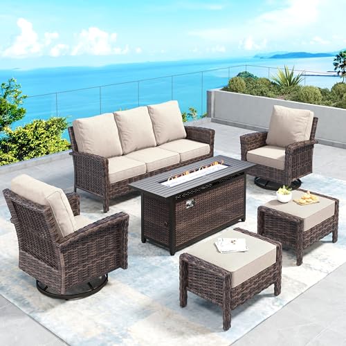 Sunshine Valley 7 seat beige patio conversation set with high back chairs, 57 inch fire pit table and glass coffee table