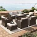 Sunshine Valley 7 piece wicker patio conversation set with sofa, 4 chairs, 2 ottomans and a 57 inch fire pit table