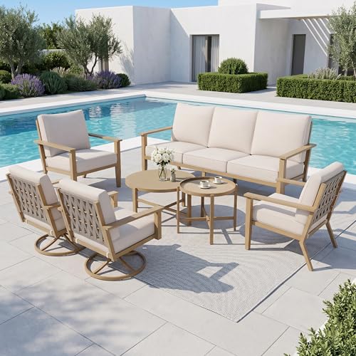 Sunshine Valley 7 piece beige steel patio conversation set with nesting coffee table