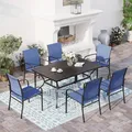 Sunshine Valley 7 piece patio dining set, 60 inch metal table with 6 blue textile chairs