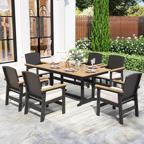 Sunshine Valley 7 piece HDPE patio dining set, black 64 inch table with 6 wicker-back chairs