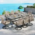 Sunshine Valley 9 piece patio dining set, 83 inch metal table with 8 swivel rattan chairs