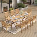 Sunshine Valley acacia wood patio dining set, teak-color expandable table with 8 matching wood chairs