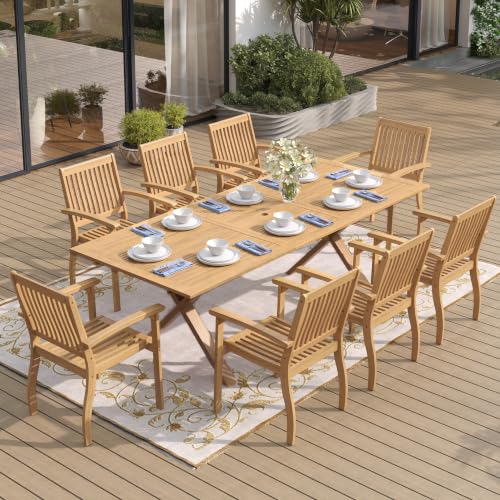 Sunshine Valley acacia wood patio dining set, teak-color expandable table with 8 matching wood chairs