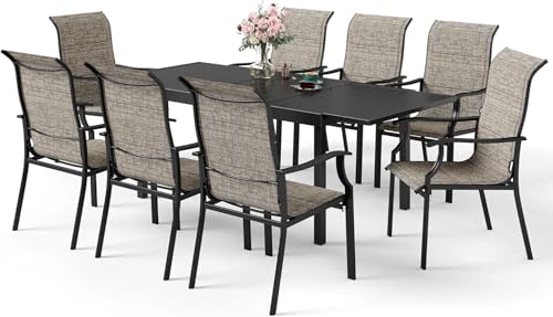 Sunshine Valley 9 piece expandable patio dining set, black metal table with 8 high-back textilene chairs