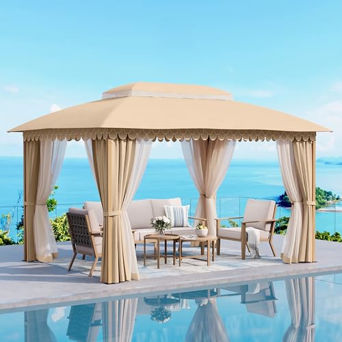 Sunshine Valley 10 by 13 foot beige gazebo with wood-grain steel frame and dual-layer roof