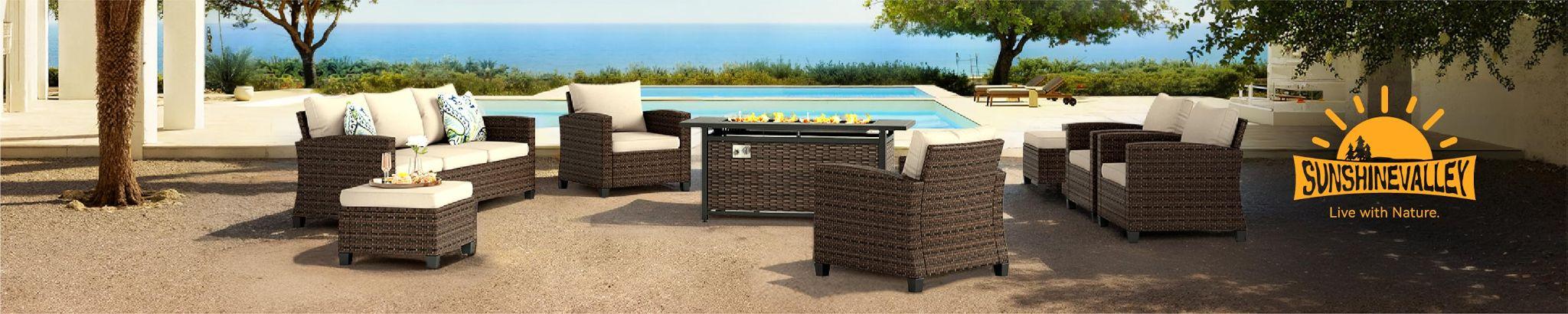 Sunshine Valley wicker conversation set with a fire pit table beside a pool