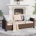 Sunshine Valley 3 seat beige wicker rattan patio sofa with 4 inch thick cushions